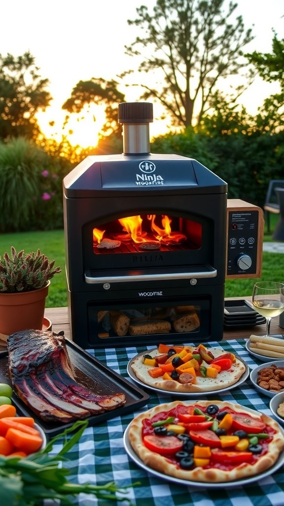 Ninja Woodfire 8-in-1 Outdoor Oven with smoked ribs and wood-fired pizza on a picnic table.